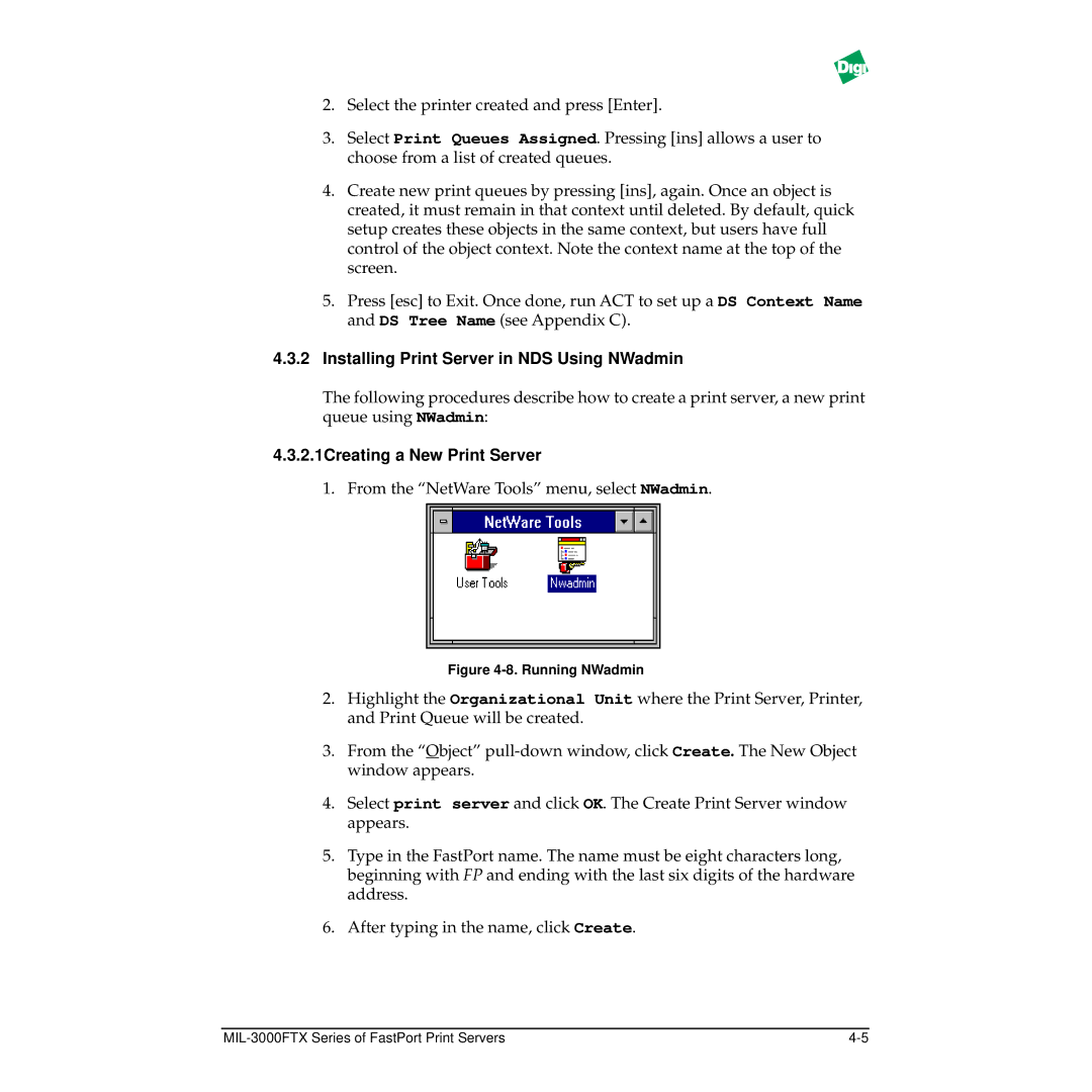 Digi MIL-3000FTX manual Installing Print Server in NDS Using NWadmin, 2.1Creating a New Print Server 