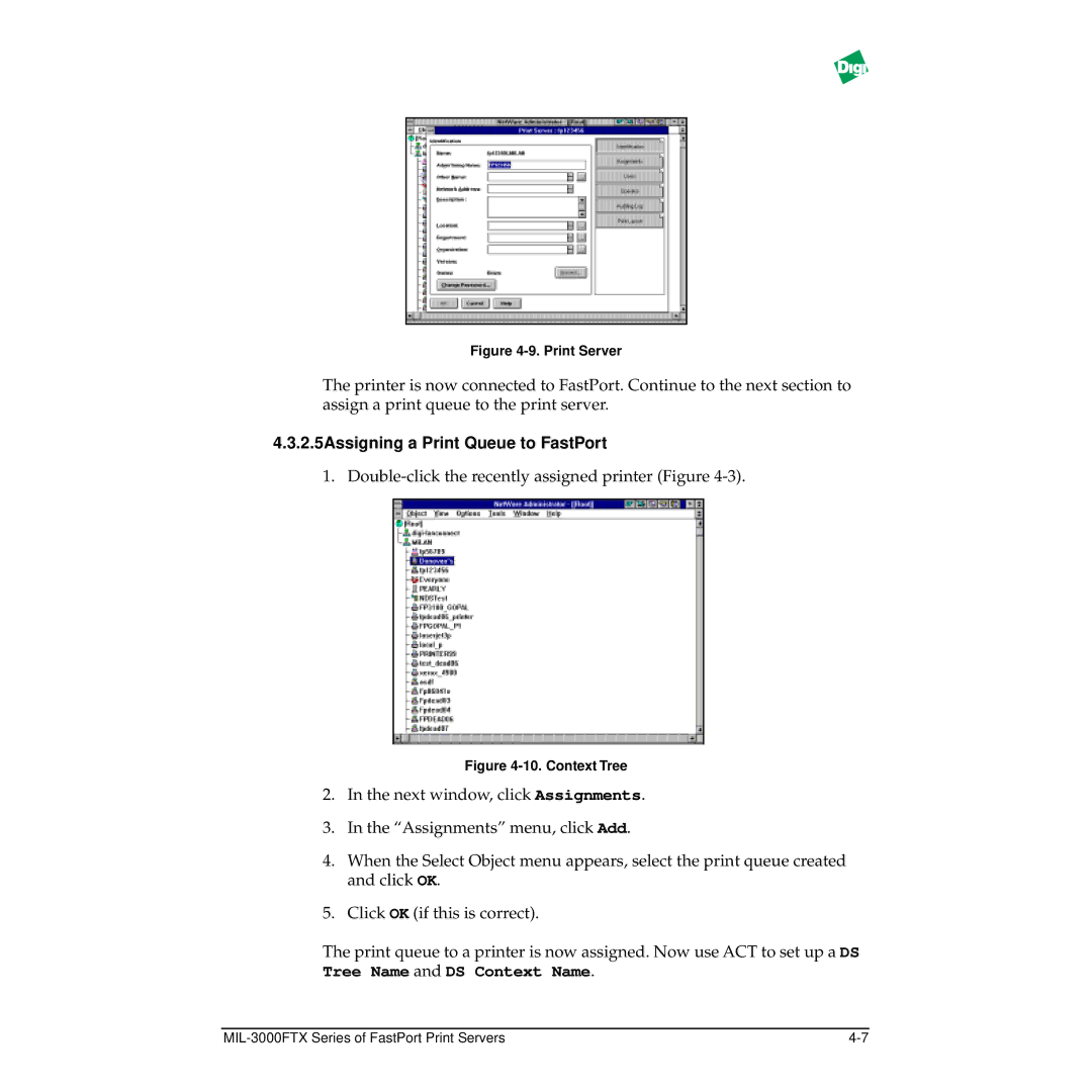 Digi MIL-3000FTX manual 2.5Assigning a Print Queue to FastPort, Print Server 