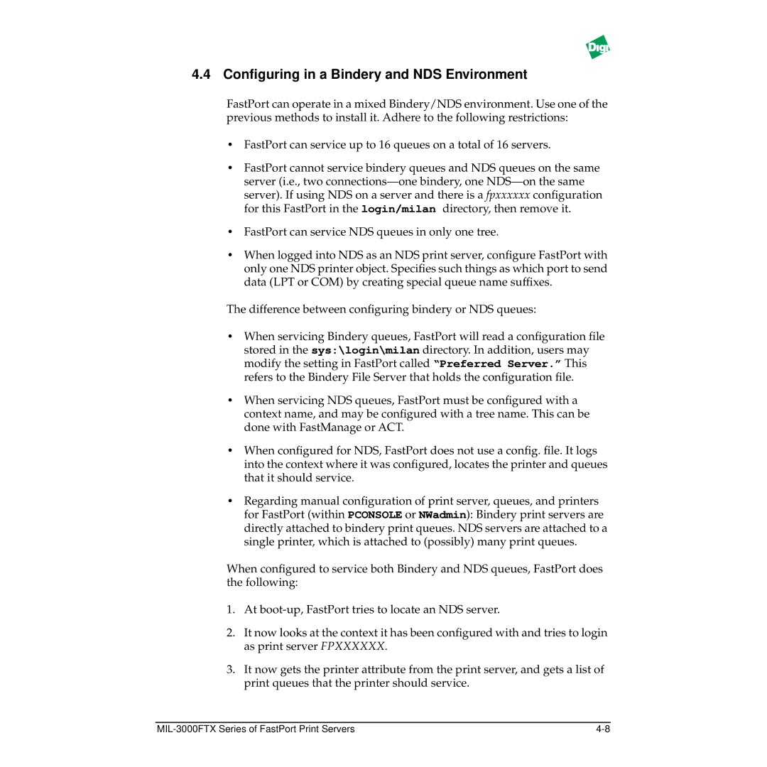 Digi MIL-3000FTX manual Conﬁguring in a Bindery and NDS Environment 