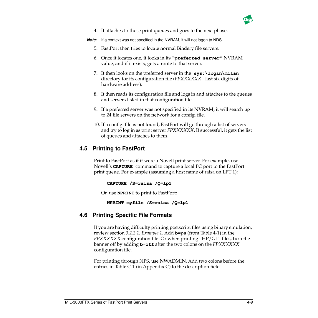 Digi MIL-3000FTX manual Printing to FastPort, Printing Speciﬁc File Formats, Capture /S=raisa /Q=lp1 