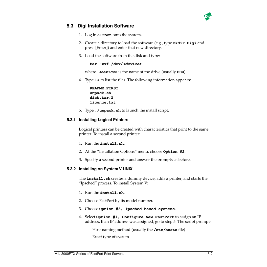 Digi MIL-3000FTX manual Digi Installation Software, Installing Logical Printers, Installing on System V Unix 