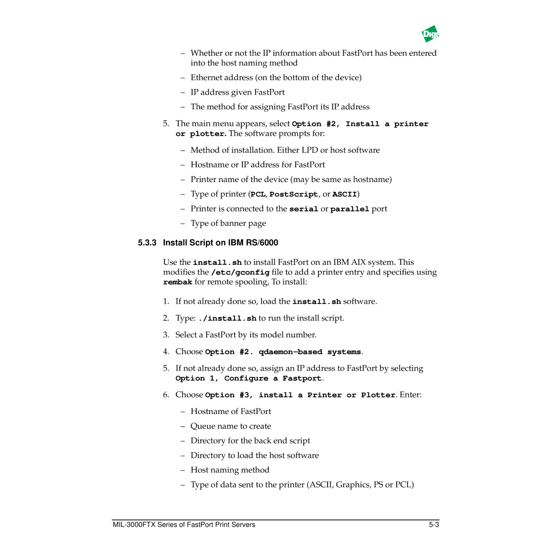 Digi MIL-3000FTX manual Install Script on IBM RS/6000, Choose Option #2. qdaemon-based systems 