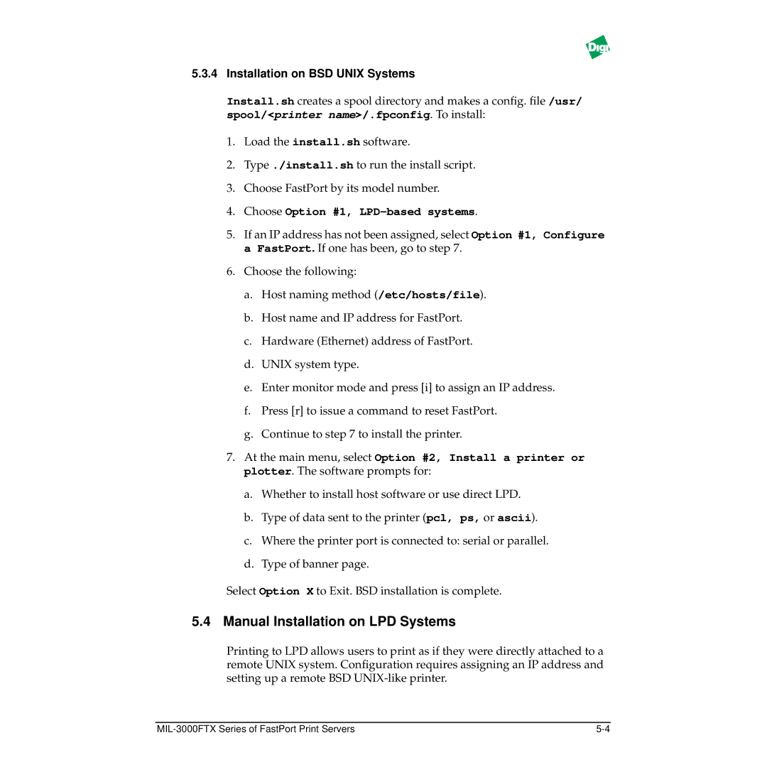 Digi MIL-3000FTX Manual Installation on LPD Systems, Installation on BSD Unix Systems, Choose Option #1, LPD-based systems 