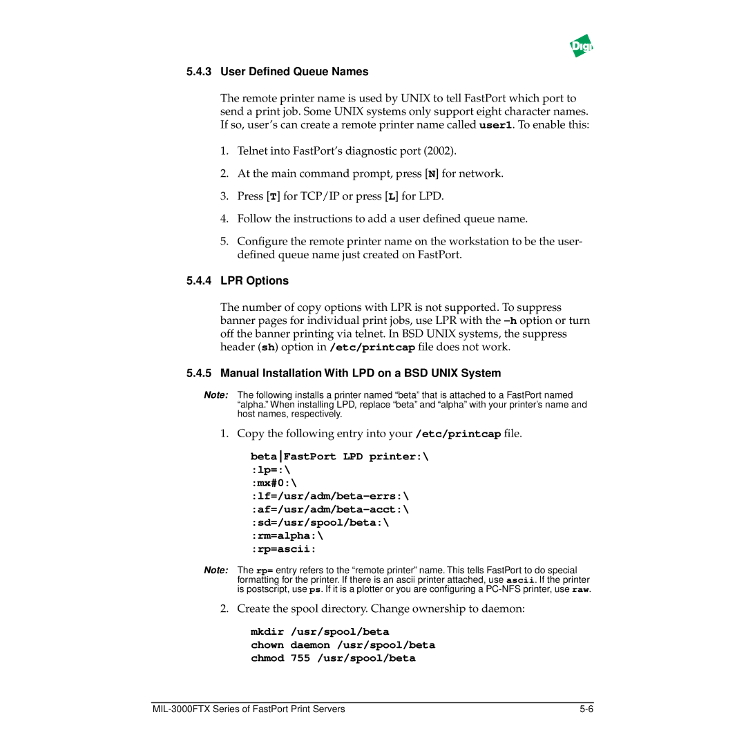 Digi MIL-3000FTX manual User Deﬁned Queue Names, LPR Options, Manual Installation With LPD on a BSD Unix System 