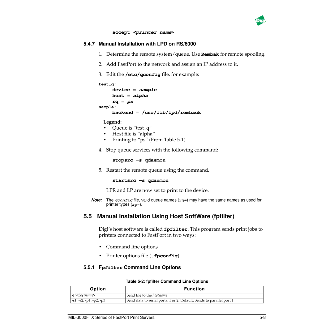 Digi MIL-3000FTX manual Manual Installation Using Host SoftWare fpﬁlter, Manual Installation with LPD on RS/6000 
