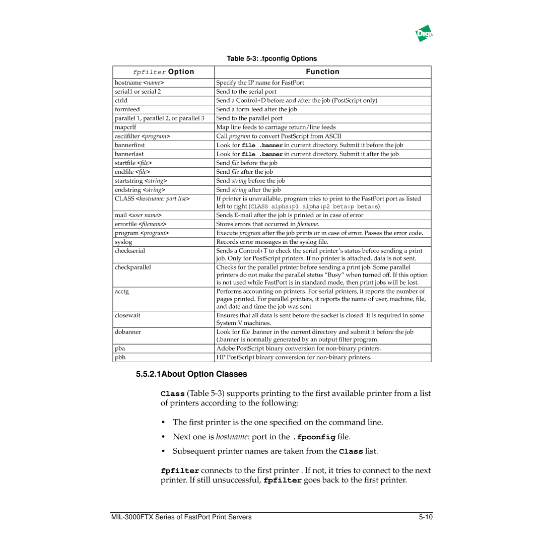 Digi MIL-3000FTX manual 2.1About Option Classes, Class hostname port list 