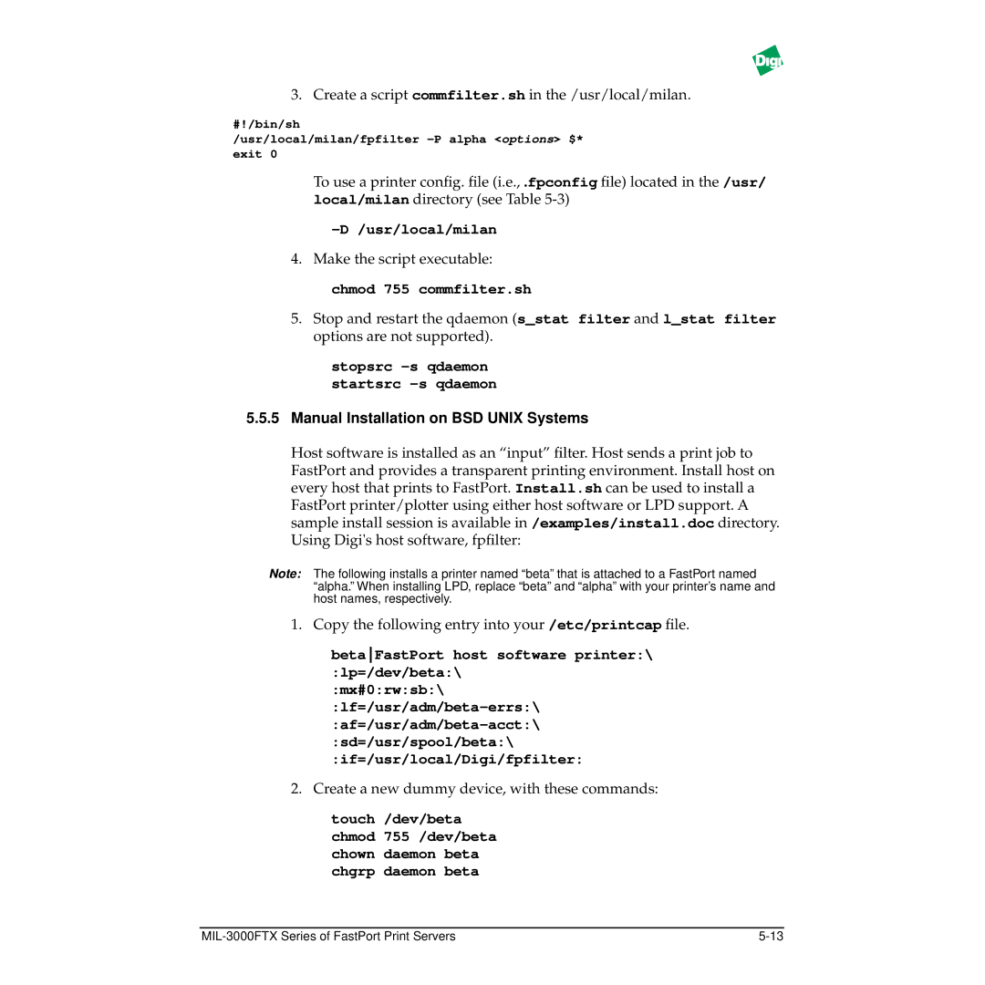 Digi MIL-3000FTX manual Manual Installation on BSD Unix Systems, BetaFastPort host software printer\ lp=/dev/beta 