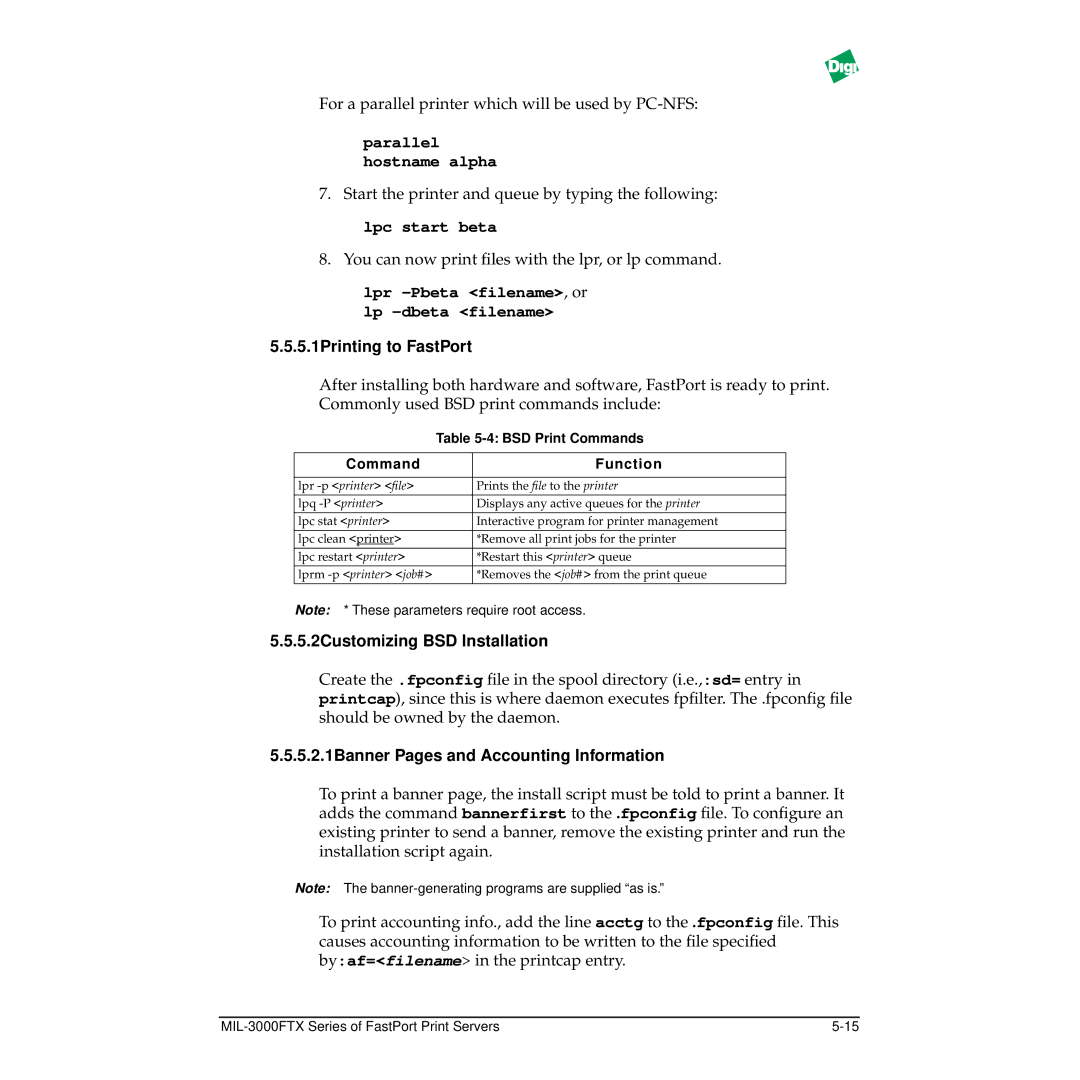 Digi MIL-3000FTX Lpr -Pbeta filename, or lp -dbeta filename, 5.1Printing to FastPort, 5.2Customizing BSD Installation 