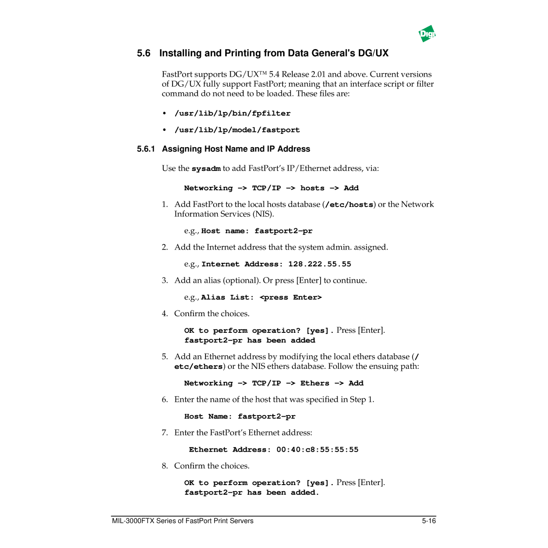 Digi MIL-3000FTX manual Installing and Printing from Data Generals DG/UX, Assigning Host Name and IP Address 