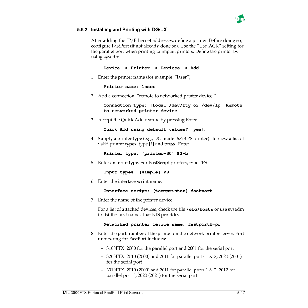 Digi MIL-3000FTX manual Installing and Printing with DG/UX 