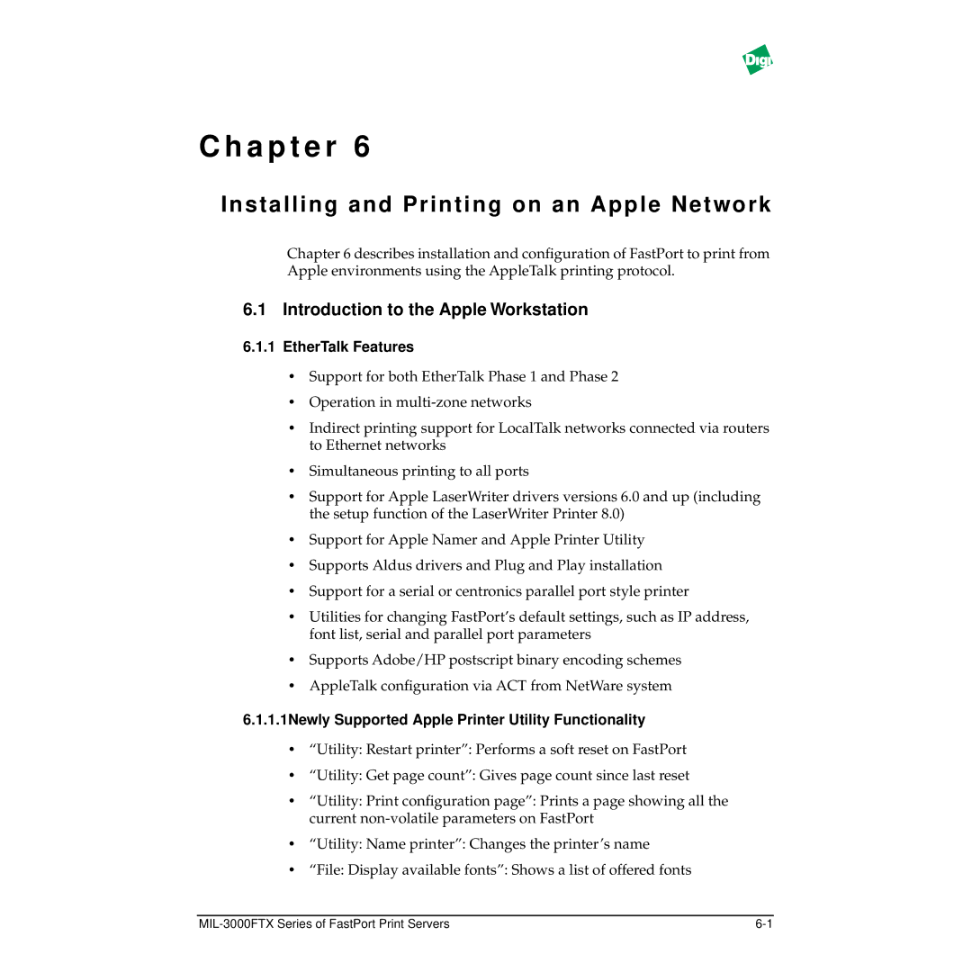 Digi MIL-3000FTX Installing and Printing on an Apple Network, Introduction to the Apple Workstation, EtherTalk Features 