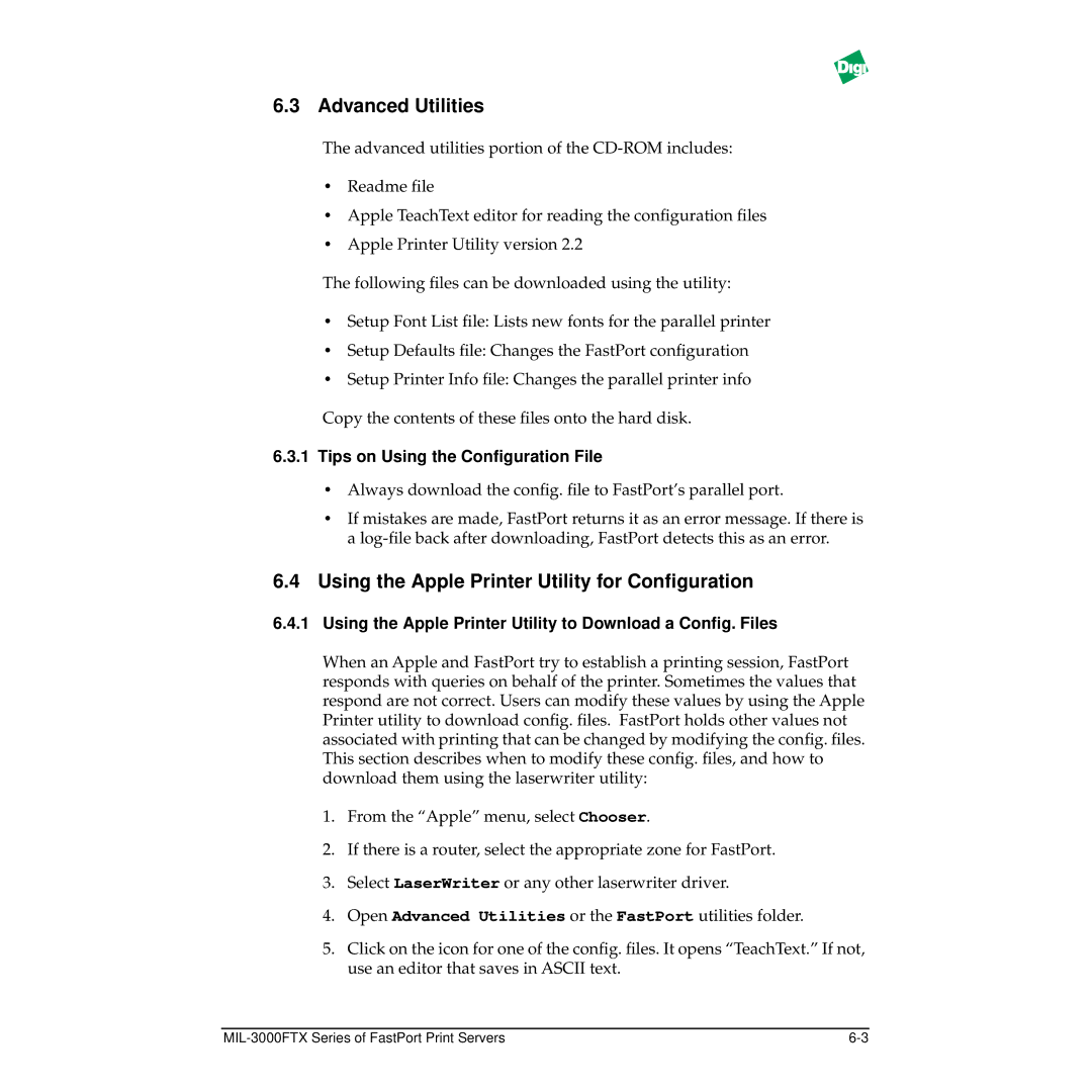 Digi MIL-3000FTX Advanced Utilities, Using the Apple Printer Utility for Conﬁguration, Tips on Using the Conﬁguration File 