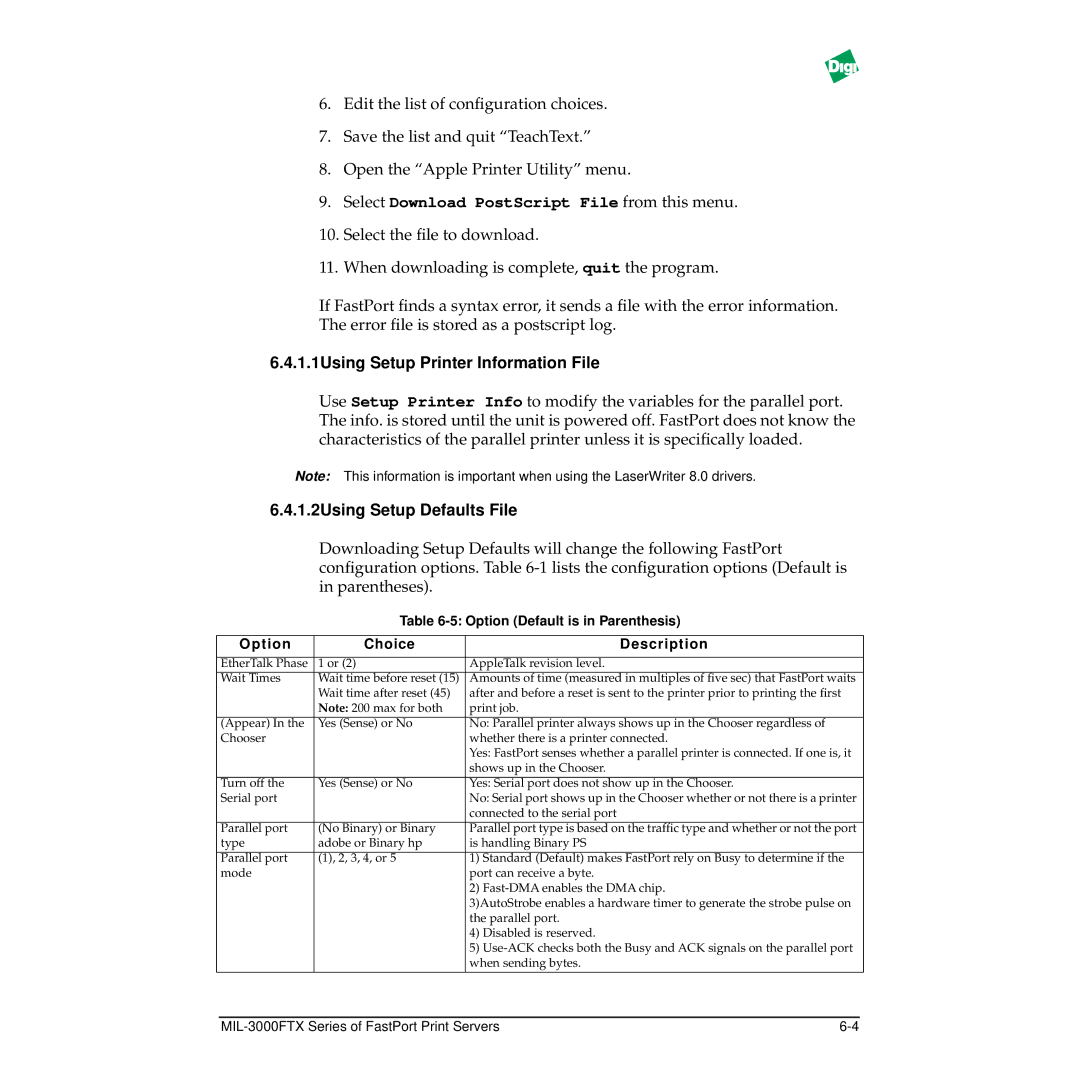 Digi MIL-3000FTX manual Select Download PostScript File from this menu, 1.1Using Setup Printer Information File 