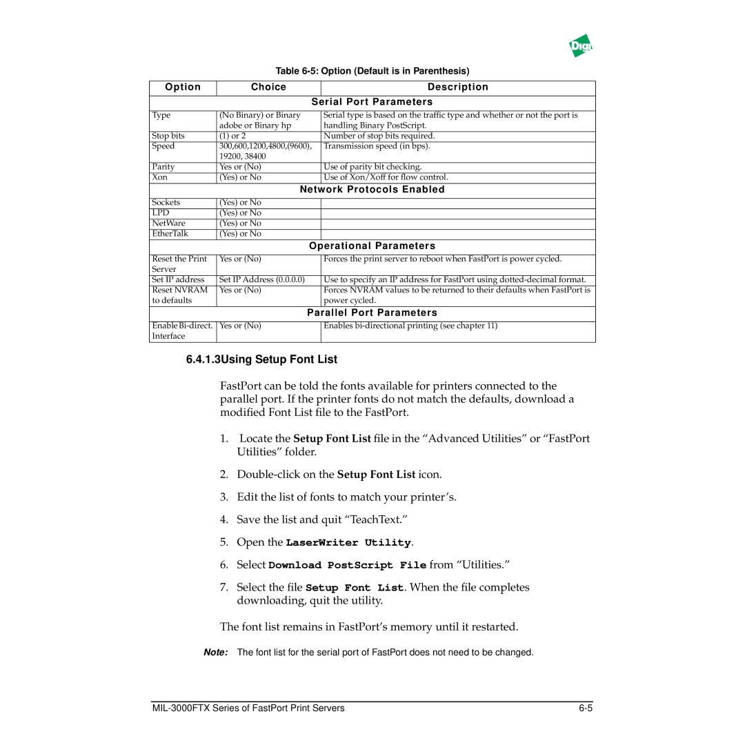 Digi MIL-3000FTX manual 1.3Using Setup Font List, Option Choice Description Serial Port Parameters 