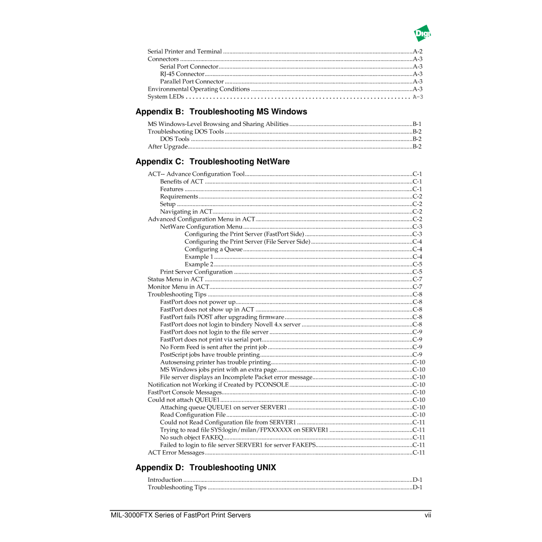 Digi MIL-3000FTX manual Appendix B Troubleshooting MS Windows, Appendix C Troubleshooting NetWare 