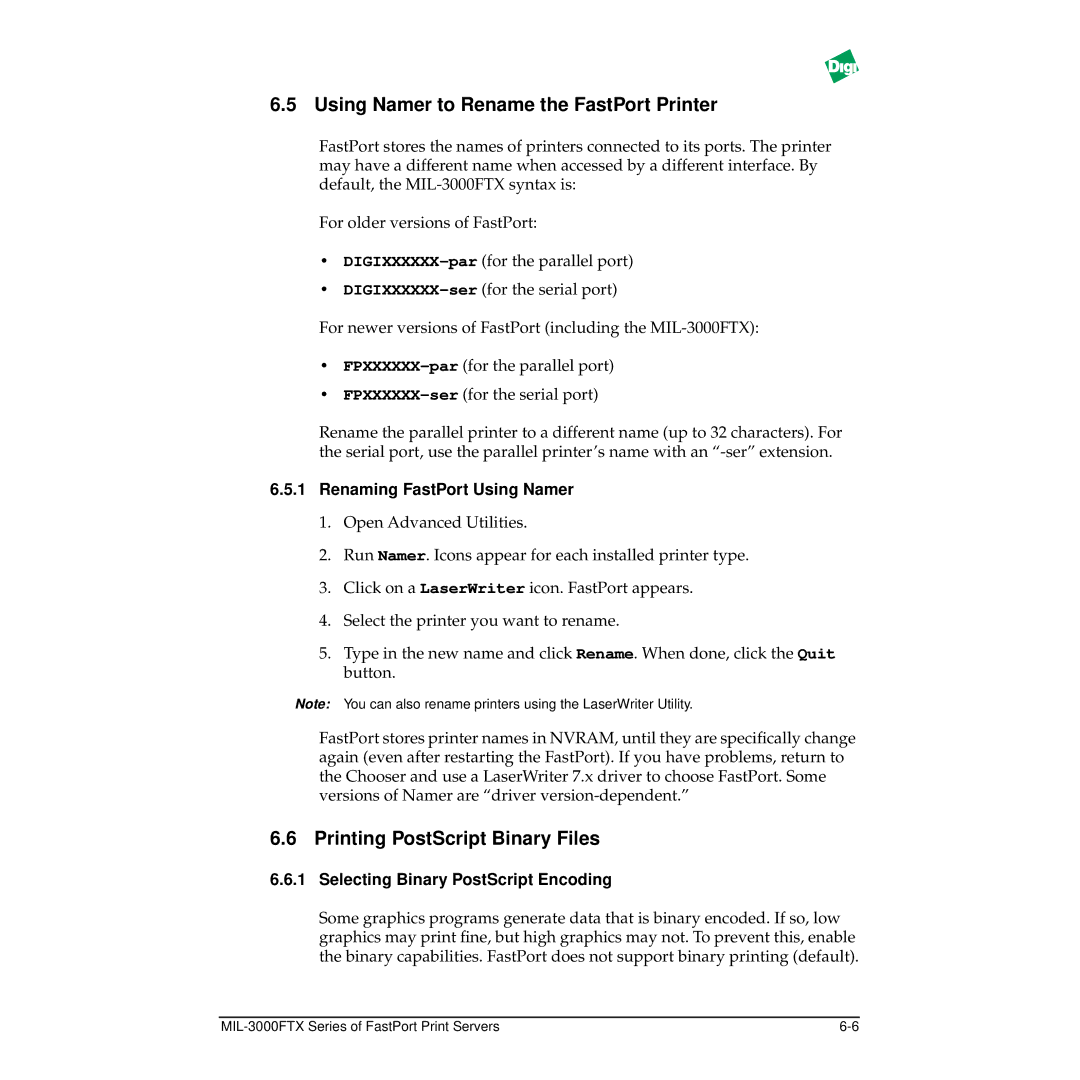 Digi MIL-3000FTX manual Using Namer to Rename the FastPort Printer, Printing PostScript Binary Files 