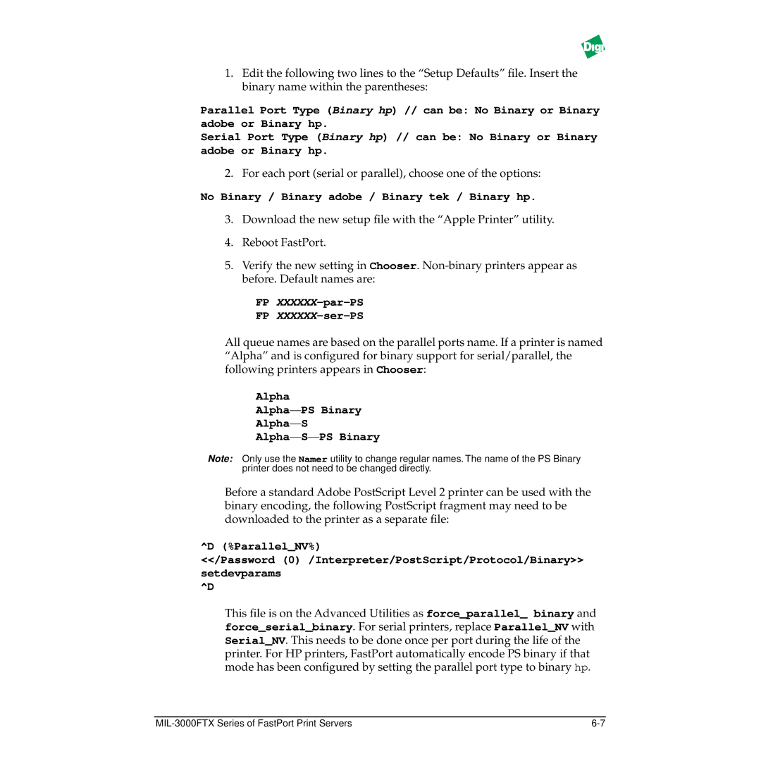 Digi MIL-3000FTX manual No Binary / Binary adobe / Binary tek / Binary hp, ParallelNV% 