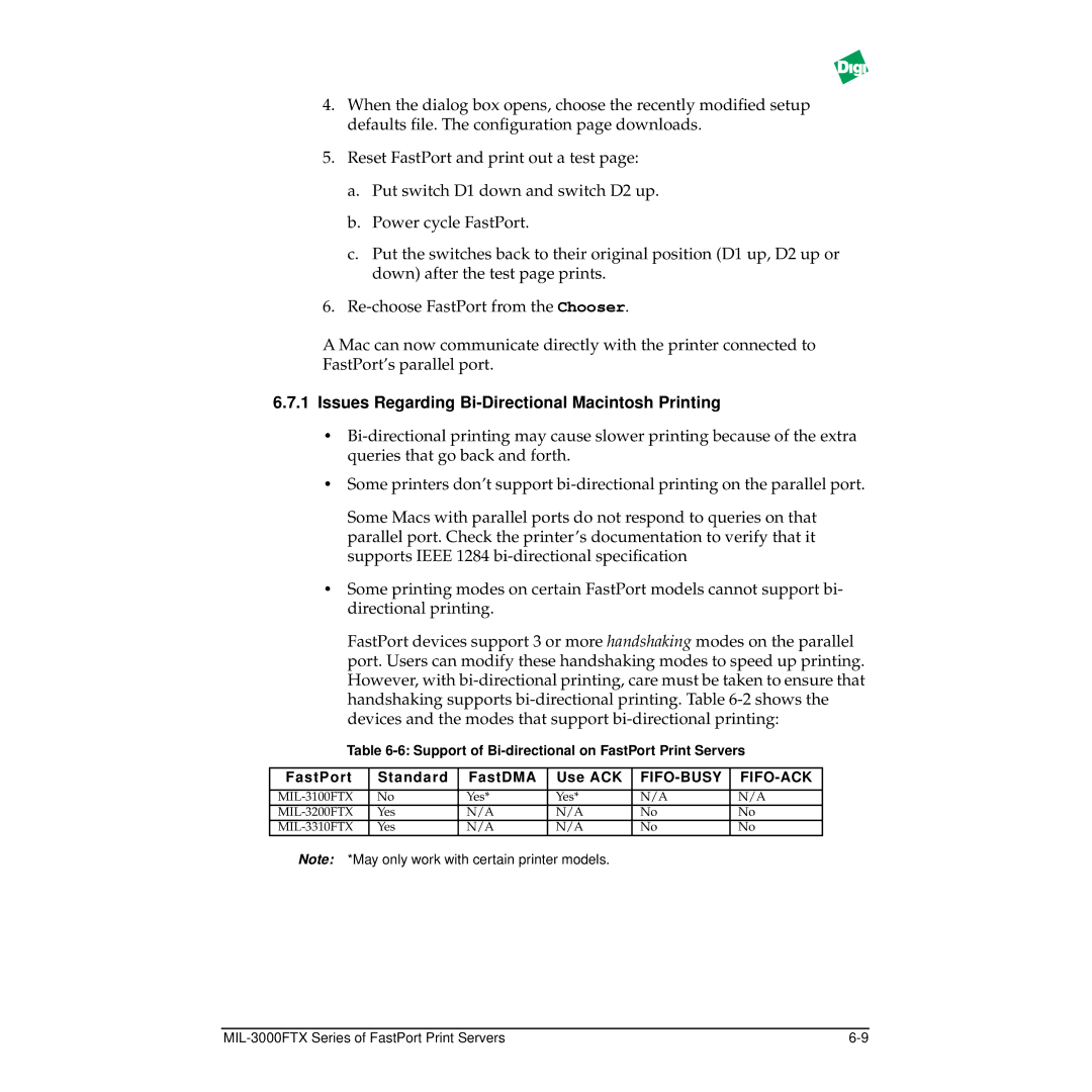 Digi MIL-3000FTX manual Issues Regarding Bi-Directional Macintosh Printing 