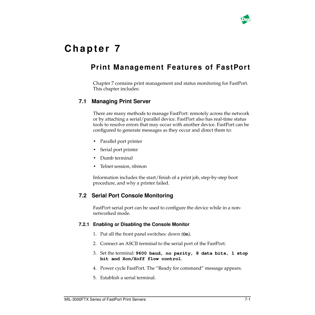 Digi MIL-3000FTX manual Print Manag ement Features of FastPor t, Managing Print Server, Serial Port Console Monitoring 