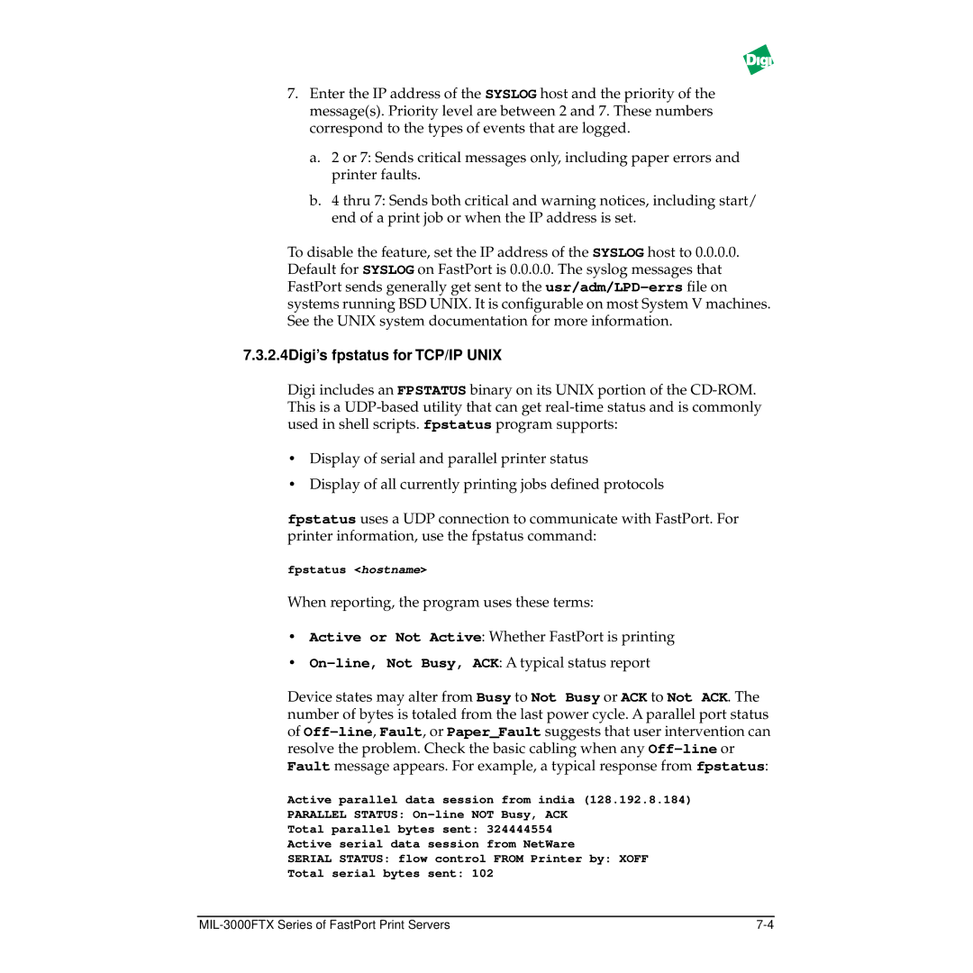 Digi MIL-3000FTX manual 2.4Digi’s fpstatus for TCP/IP Unix 