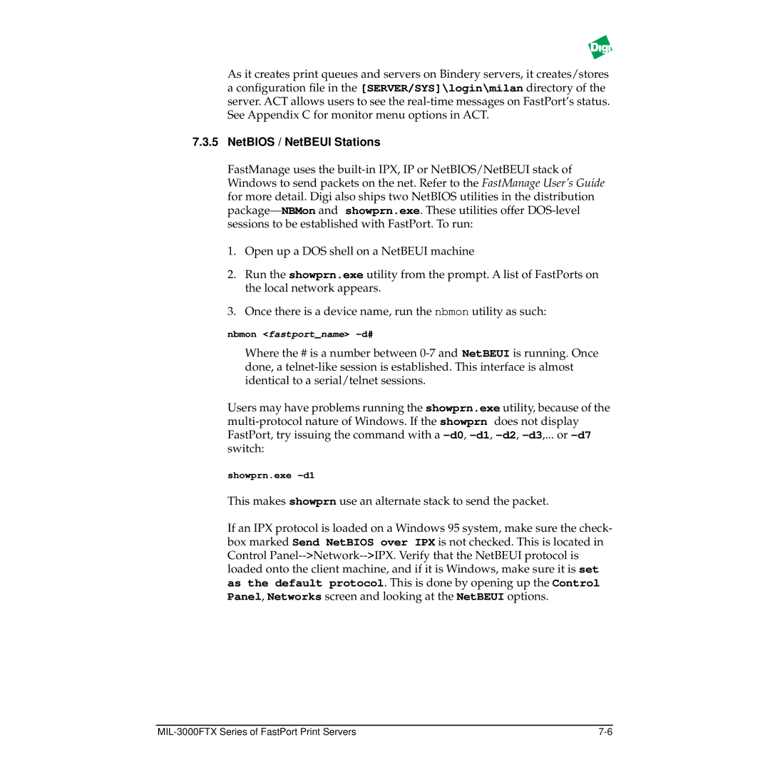 Digi MIL-3000FTX manual NetBIOS / NetBEUI Stations 