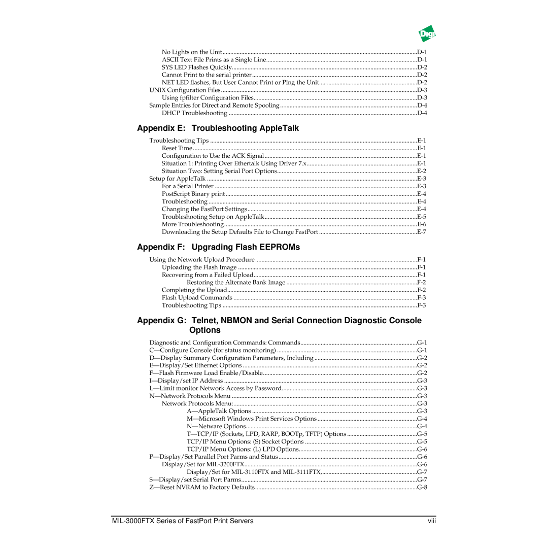 Digi MIL-3000FTX manual Appendix E Troubleshooting AppleTalk, Appendix F Upgrading Flash EEPROMs 