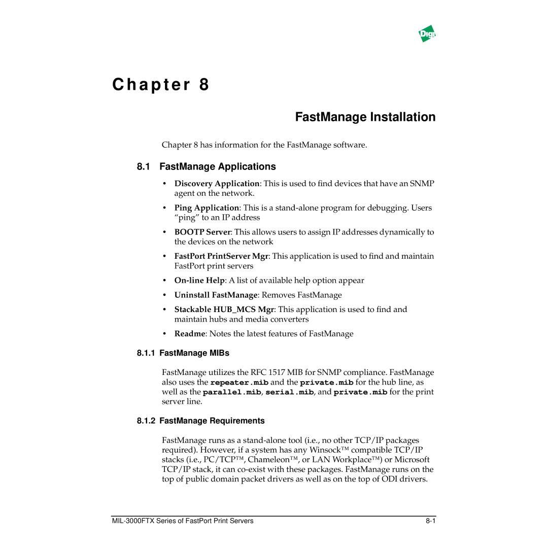Digi MIL-3000FTX manual FastManage Installation, FastManage Applications, FastManage MIBs, FastManage Requirements 