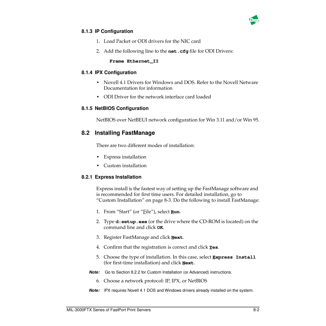 Digi MIL-3000FTX Installing FastManage, IP Conﬁguration, IPX Conﬁguration, NetBIOS Conﬁguration, Express Installation 
