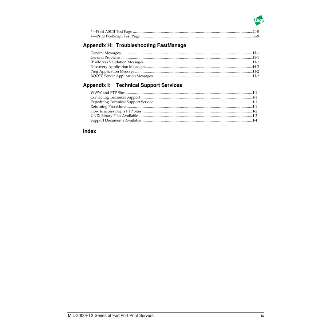 Digi MIL-3000FTX manual Appendix H Troubleshooting FastManage, Appendix I Technical Support Services, Index 