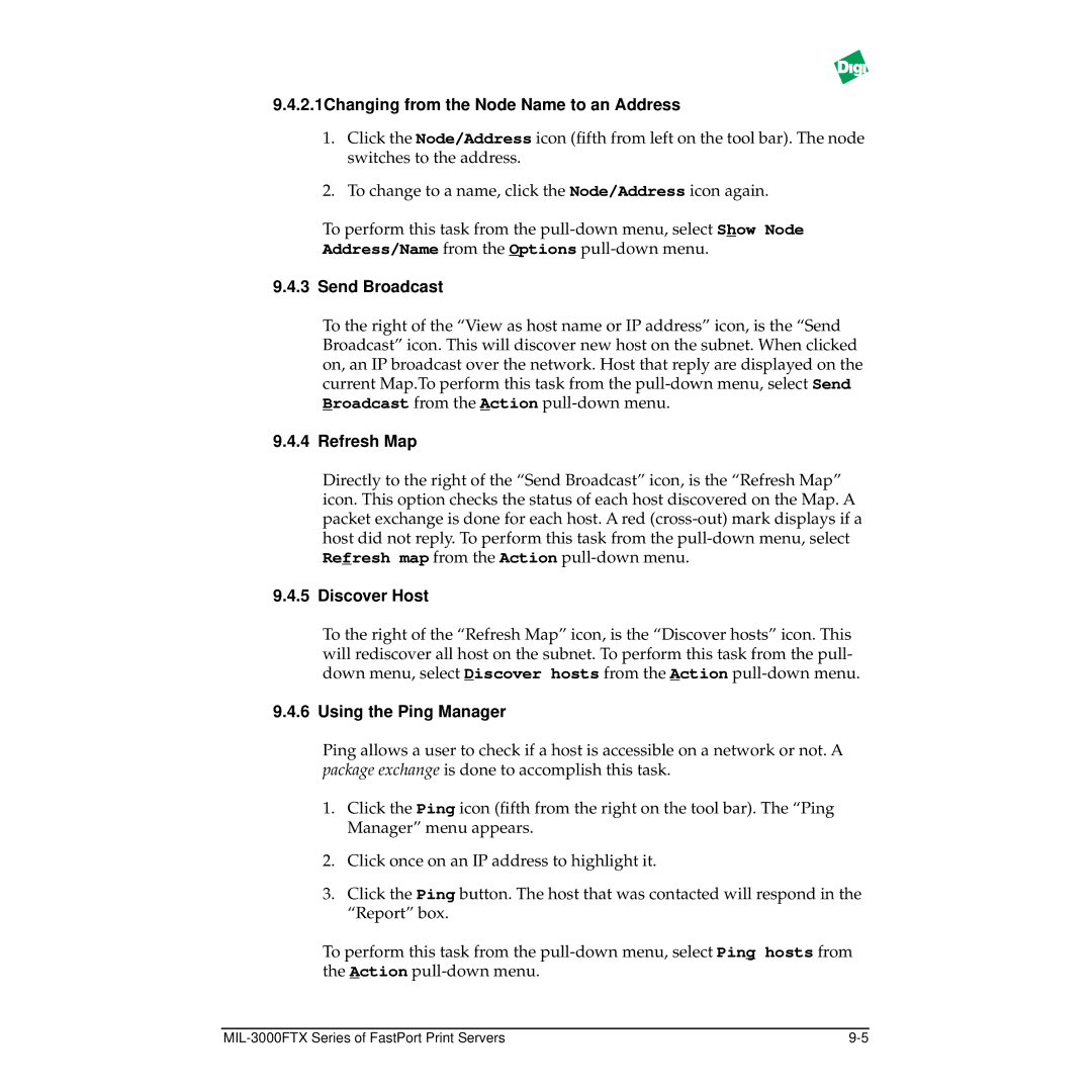 Digi MIL-3000FTX manual 2.1Changing from the Node Name to an Address, Send Broadcast, Refresh Map, Discover Host 