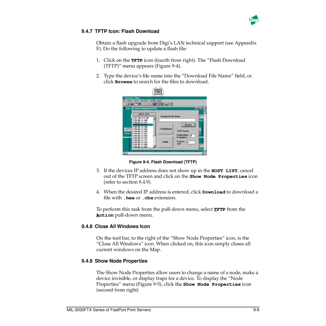 Digi MIL-3000FTX manual Tftp Icon Flash Download, Close All Windows Icon, Show Node Properties 