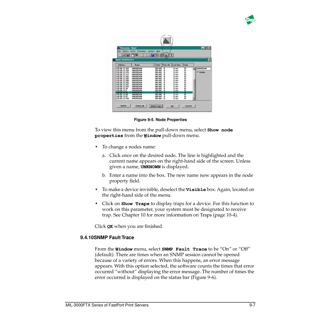 Digi MIL-3000FTX manual 10SNMP Fault Trace, Node Properties 