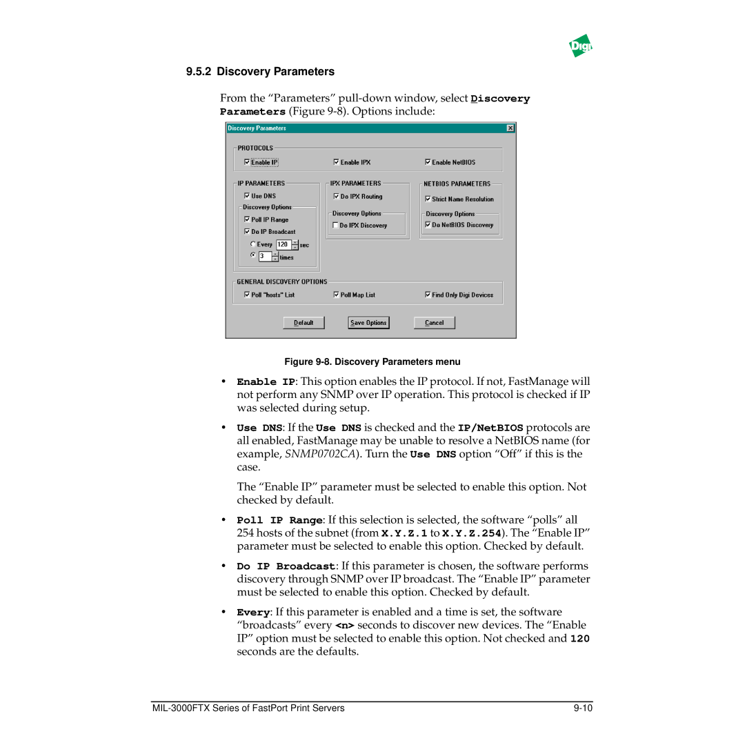 Digi MIL-3000FTX manual Discovery Parameters menu 