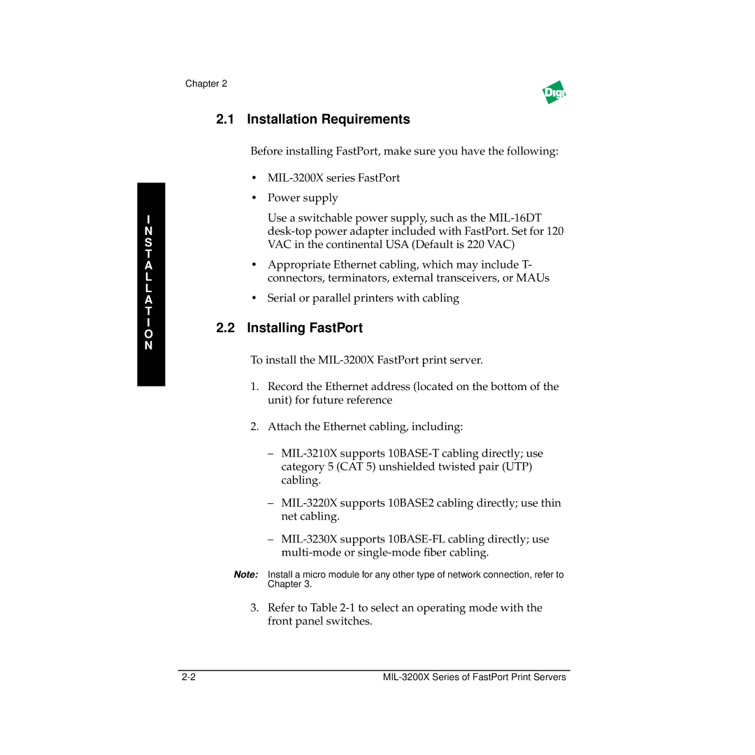 Digi MIL-3200X manual Installation Requirements, Installing FastPort 