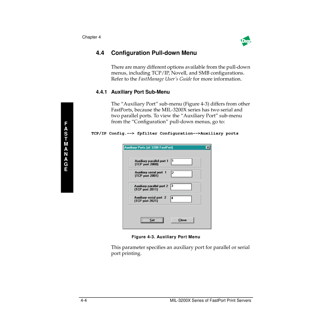 Digi MIL-3200X manual Conﬁguration Pull-down Menu, Auxiliary Port Sub-Menu 