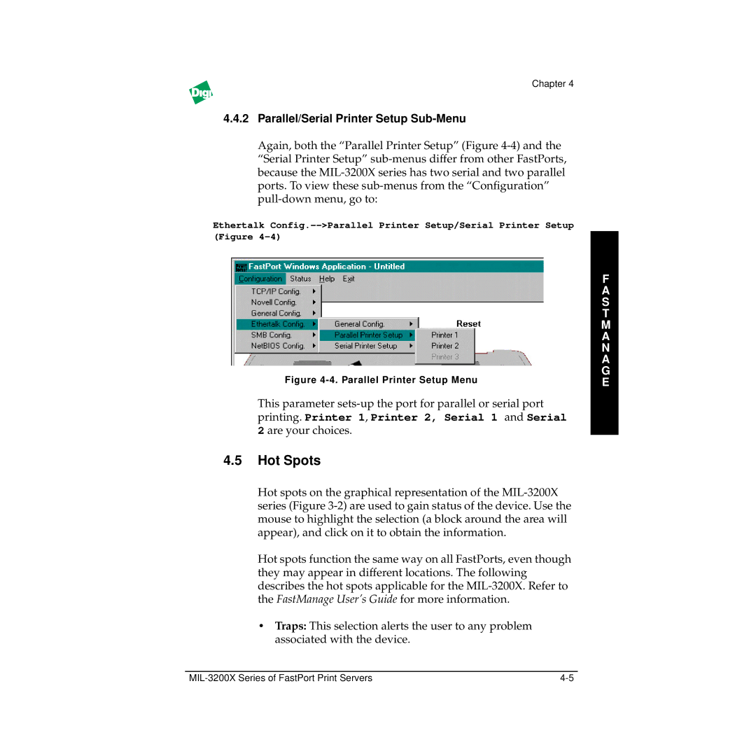 Digi MIL-3200X manual Hot Spots, Parallel/Serial Printer Setup Sub-Menu 