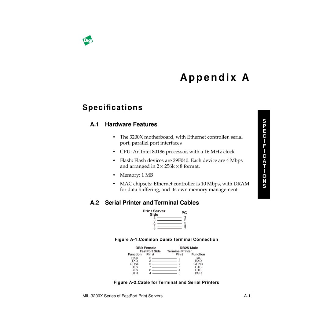 Digi MIL-3200X manual E c i ﬁ c a t i o n s, Hardware Features, Serial Printer and Terminal Cables 