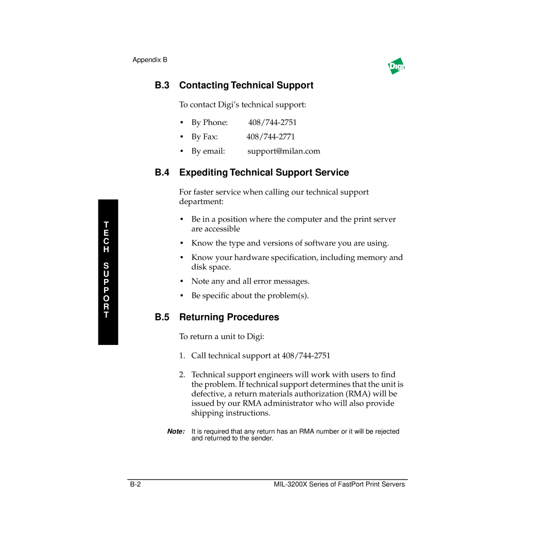 Digi MIL-3200X manual Contacting Technical Support, Expediting Technical Support Service, Returning Procedures 