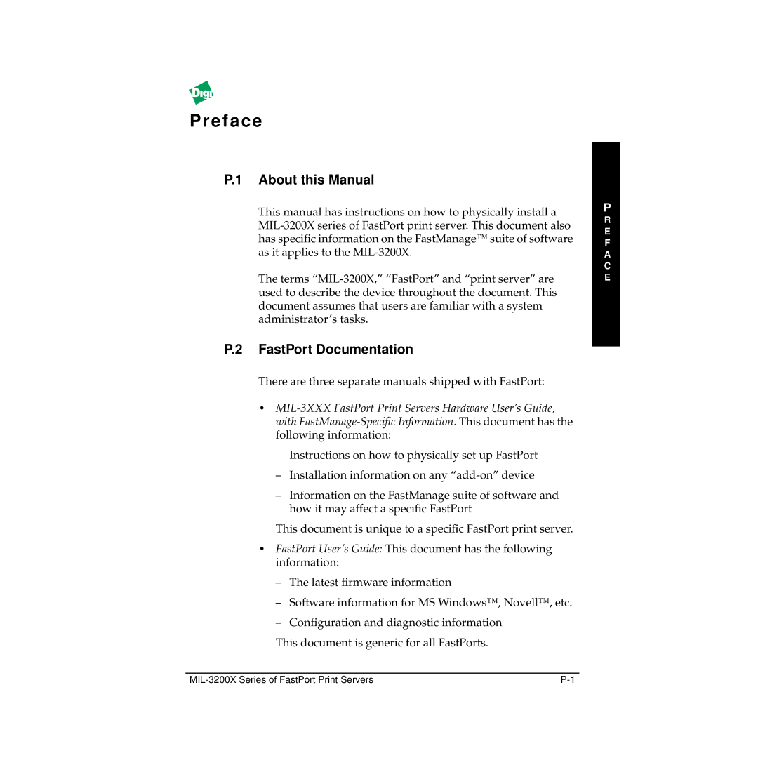 Digi MIL-3200X manual Preface, About this Manual, FastPort Documentation 