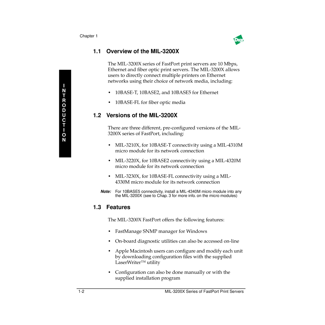 Digi manual Overview of the MIL-3200X, Versions of the MIL-3200X, Features 