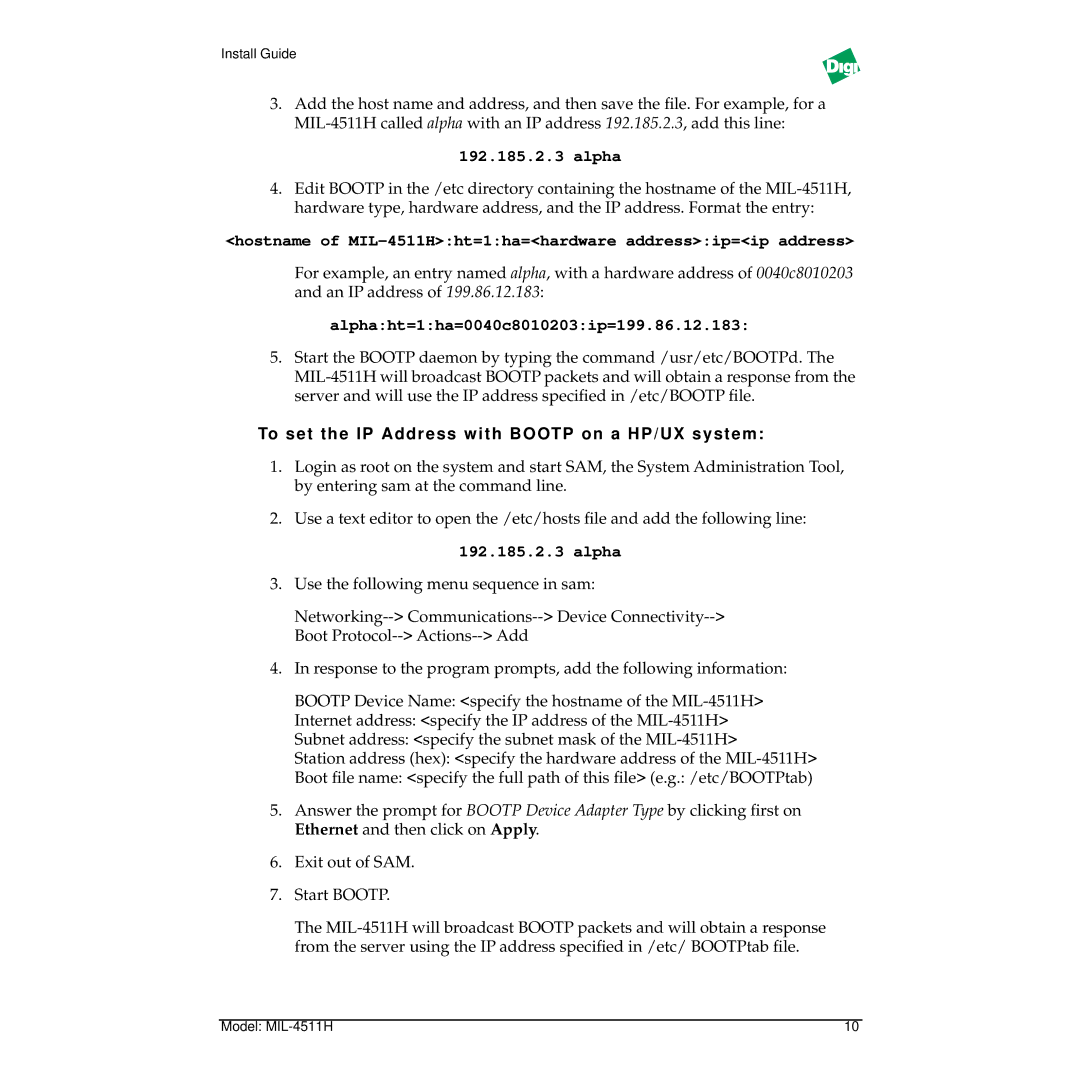 Digi manual Hostname of MIL-4511Hht=1ha=hardware addressip=ip address, Alphaht=1ha=0040c8010203ip=199.86.12.183 