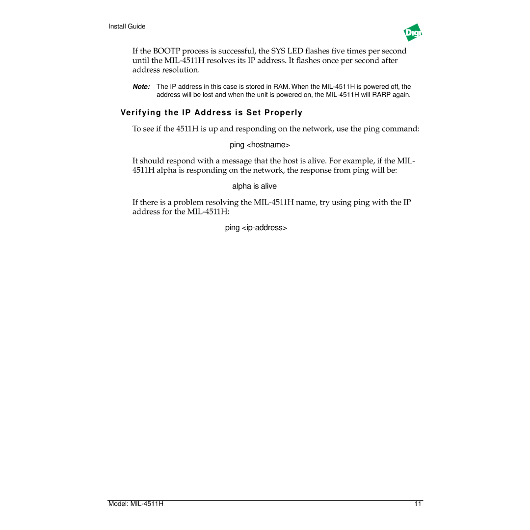 Digi MIL-4511H manual Verifying the IP Address is Set Properly, Ping hostname, Alpha is alive, Ping ip-address 