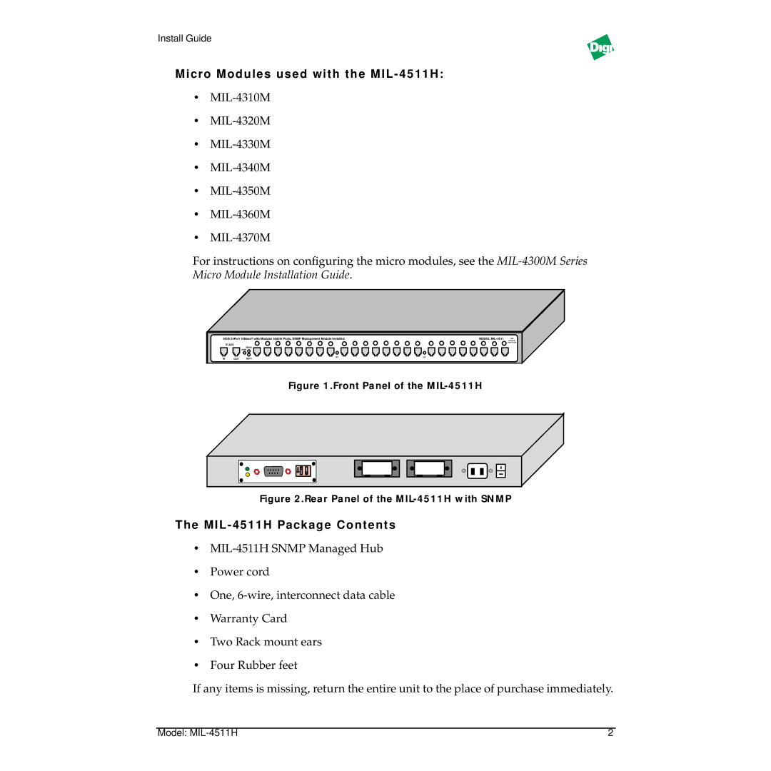 Digi MIL-4511H manual Micro Modules used with the MIL 4511H, MIL 4511H Packag e Contents 