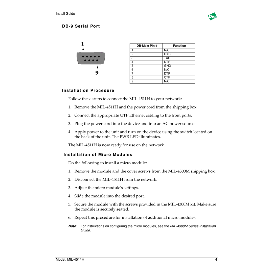 Digi MIL-4511H manual DB 9 Serial Por t, Installation Procedure, Installation of Micro Modules 