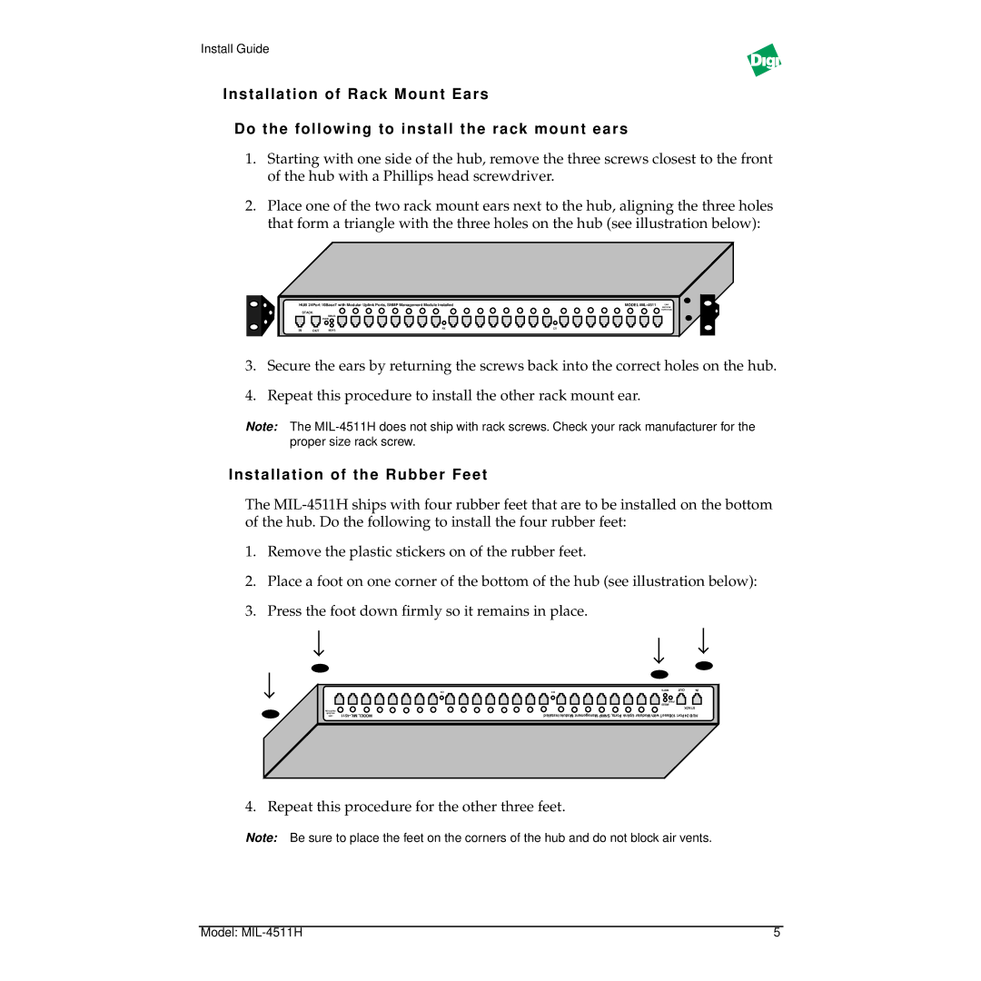 Digi MIL-4511H manual Installation of the Rubber Feet, MIL4511 Model 