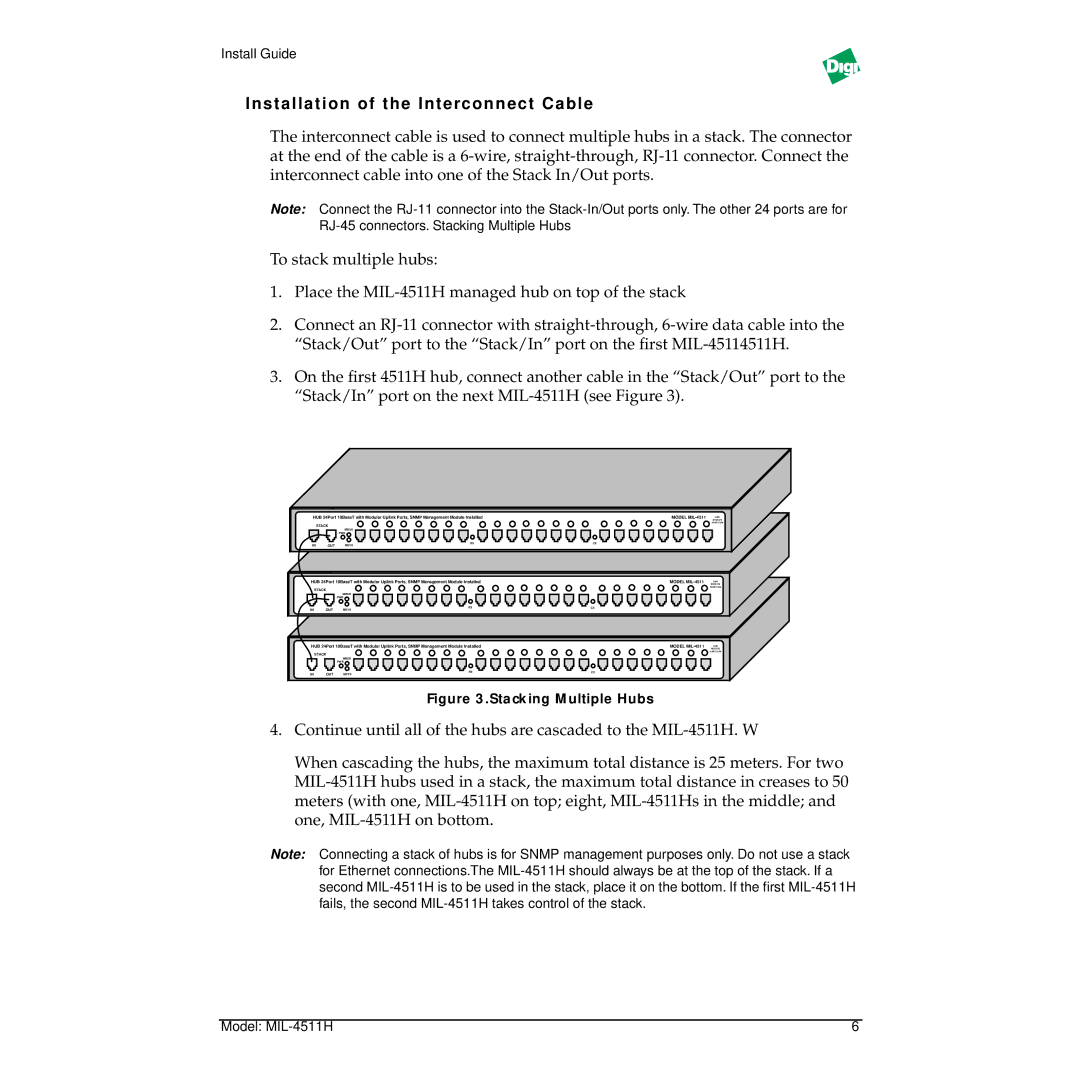 Digi MIL-4511H manual Installation of the Interconnect Cable, Stacking Multiple Hubs 