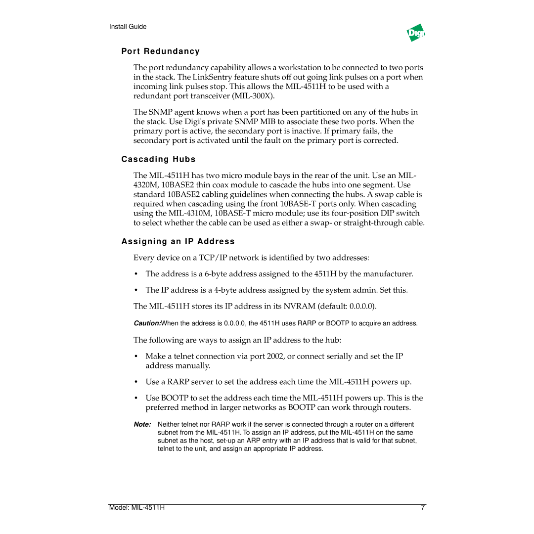 Digi MIL-4511H manual Por t Redundancy, Cascading Hubs, Assigning an IP Address 