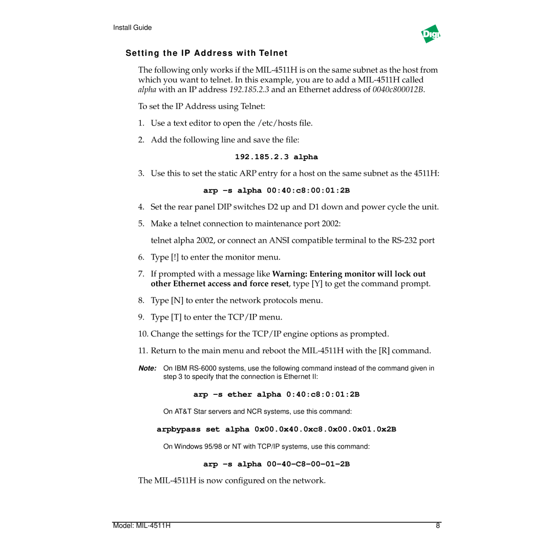 Digi MIL-4511H Setting the IP Address with Telnet, Alpha, Arp -s ether alpha 040c80012B, Arp -s alpha 00-40-C8-00-01-2B 