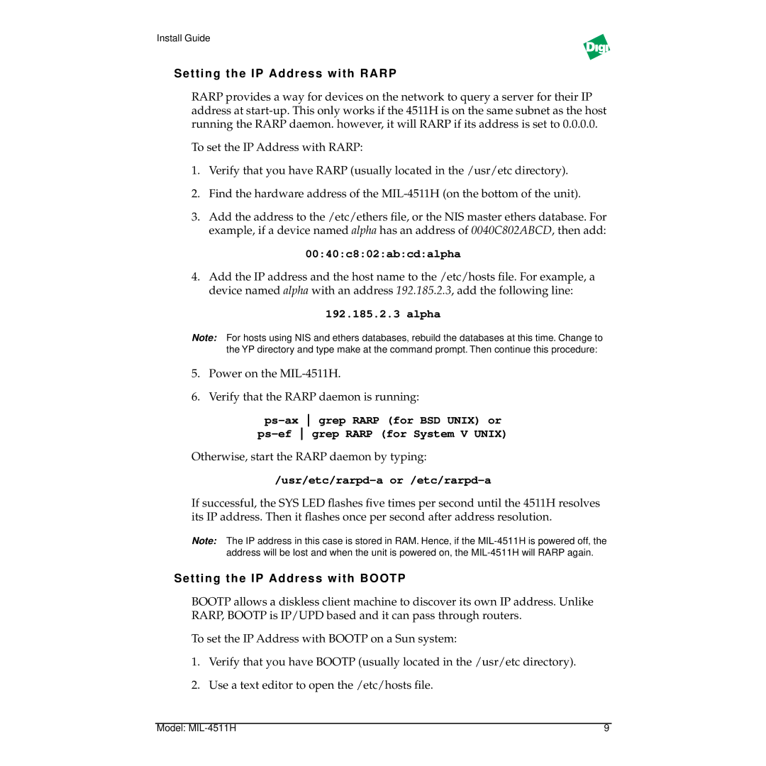 Digi MIL-4511H manual Setting the IP Address with Rarp, 0040c802abcdalpha, Usr/etc/rarpd-a or /etc/rarpd-a 