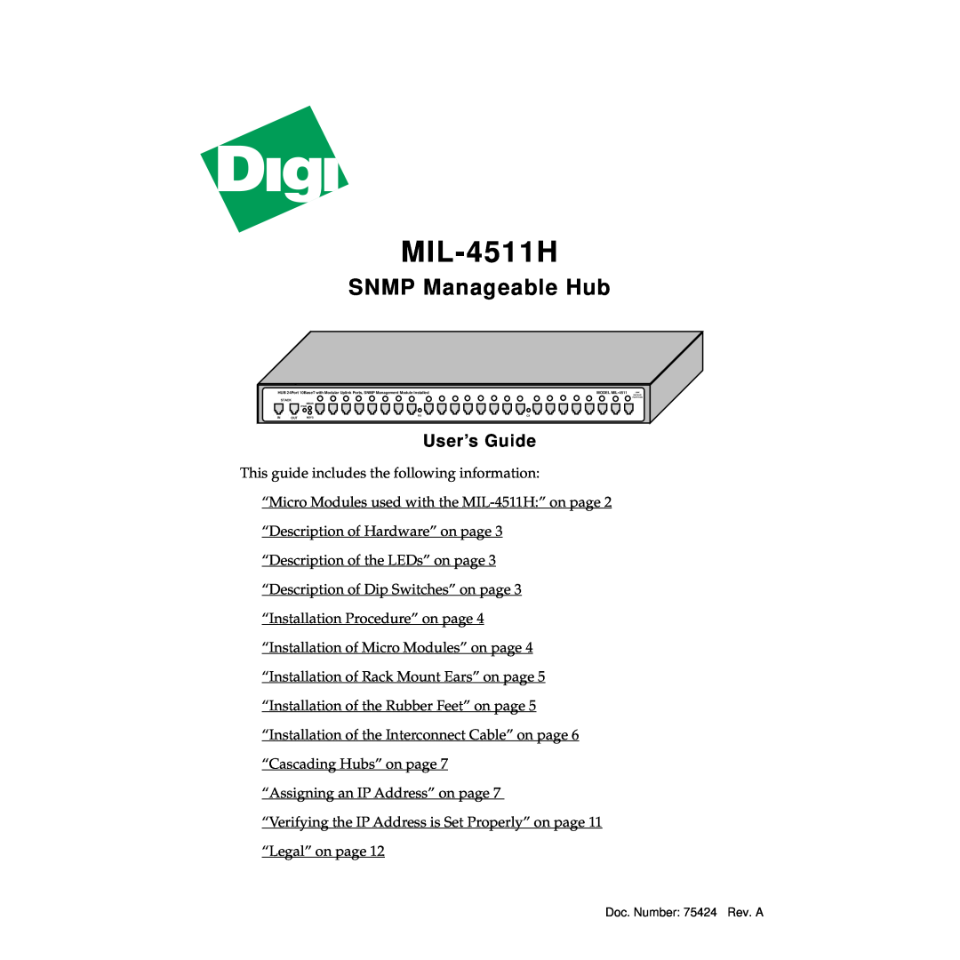 Digi MIL-4511H manual SNMP Manageable Hub, User’s Guide 